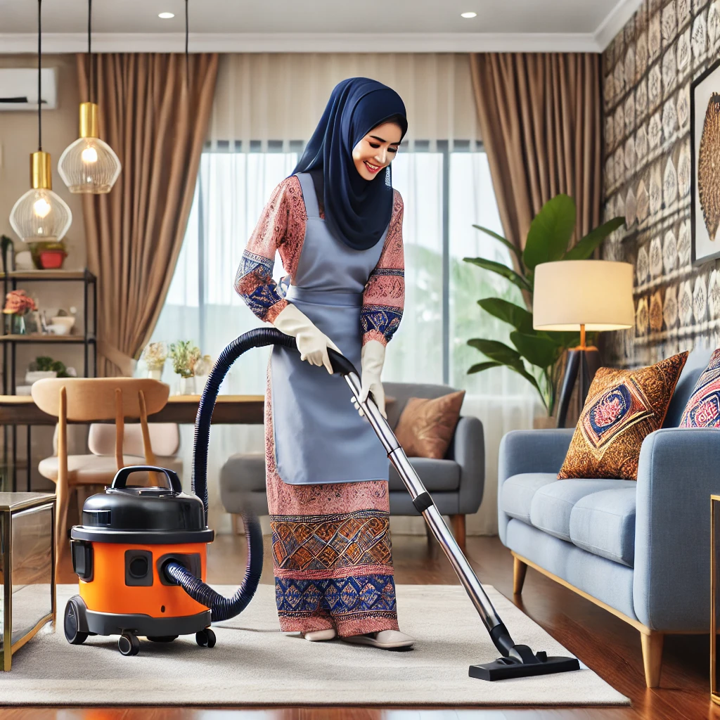 Professional maid providing high-quality cleaning services in a modern Malaysian living room, demonstrating attention to detail and professionalism.